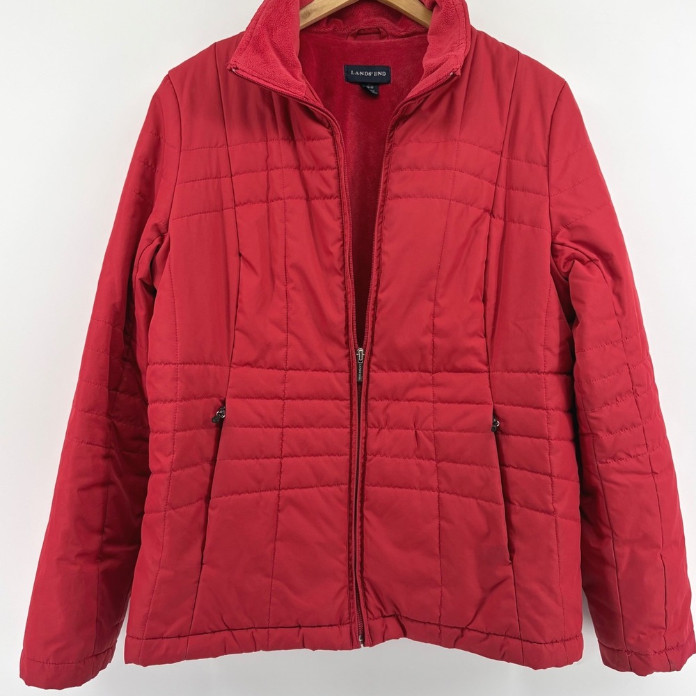 Lands' End Womens Red Quilted Full Zip Fleece Lined Puffer Jacket Medium 10-12